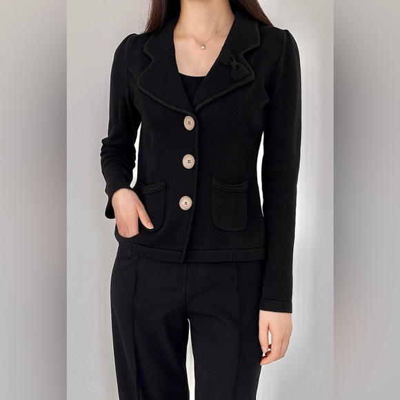 TWIK | Black Button-down Cotton Cardigan with Bow Accent - Picture 2 of 7